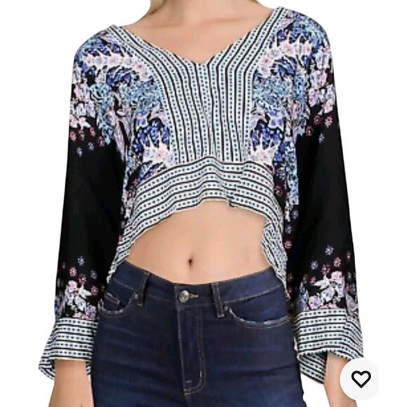 Free People Mix N Match Floral Top Kimono Sleeve Oversized Cropped Size XS - Picture 6 of 10